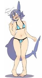 2020 animal_humanoid bikini clothing english_text female fin fish fish_humanoid hi_res humanoid marine marine_humanoid navel open_mouth senatorwong shark_humanoid shark_tail sharp_teeth simple_background solo spec_(senatorwong) standing swimwear teeth text two-piece_swimsuit white_background yellow_eyes