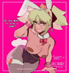 angelmybeloved_(artist) brawl_stars bunny_costume bunny_ears bunny_tail crown green_hair half_dressed half_naked half_nude mandy_(brawl_stars) nipple_chain no_bra no_top pantyhose pigtails pink_eyes rabbit_ears rabbit_hole_(cosplay) rabbit_hole_(deco*27/caststation) rabbit_hole_(vocaloid) rabbit_tail smug_expression smug_face smug_smile tagme tan_skin text thigh_strap twintails