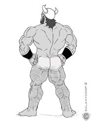 ass balls bara beard dragon_ball dragon_ball_z facial_hair galaxycoop glasses horned_helmet male male_only monochrome muscles nude overweight ox_king penis solo solo_male