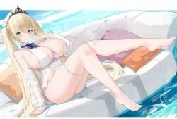 1girls absurdres azur_lane barefoot blonde_hair blue_eyes blush breasts cleavage closed_mouth couch detached_sleeves dress female hat highres iris_libre_(azur_lane) knees_together_feet_apart large_breasts legs light-skinned_female light_skin long_hair looking_at_viewer official_alternate_costume on_couch painlevé_(azur_lane) painlevé_(fresh_and_fortunate)_(azur_lane) pillow see-through see-through_sleeves sitting smile solo suo_bu_ye_feng thigh_strap tiara toes very_long_hair white_dress white_hat