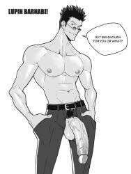 abs balls bara biceps big_balls big_penis clothing english_text hunter_x_hunter leorio_paladiknight lupin_barnabi male male_nipples male_only male_pubic_hair manly mature_male monochrome muscular_male nipples pecs penis text