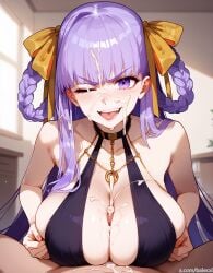 ai_generated balecxi bb_(fate) bb_dubai_(fate) center_opening cum_on_face dress ejaculation fate/grand_order fate_(series) frown huge_breasts looking_at_viewer paizuri paizuri_under_clothes pov purple_eyes purple_hair