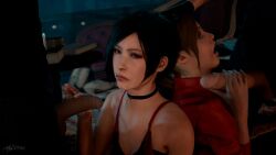 2boys 2girls 3d ada_wong ada_wong_(adriana) atlassfm black_hair blue_eyes brown_hair claire_redfield indoors looking_at_partner looking_at_viewer penis ponytail resident_evil short_hair small_penis tagme