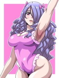 1girls :d alternate_costume alternate_version_available arm_up armpits bare_arms bare_thighs breasts camilla_(fire_emblem) cleavage covered_navel female female_only fire_emblem fire_emblem_fates hair_over_one_eye inabakun00 long_hair looking_at_viewer medium_breasts more_at_source nintendo one-piece_swimsuit open_mouth pink_background pink_eyes pink_one-piece_swimsuit pink_swimsuit purple_hair sideboob smile solo swimsuit thighs very_long_hair wide_hips