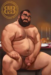 balls bara beard body_hair bruteandbrawn dragon_ball dragon_ball_z facial_hair flaccid glasses male male_only muscles nude overweight ox_king penis sitting solo solo_male