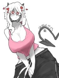 ayatakazumu blush breasts choker cleavage clothed clothes clothing collarbone dated demon_girl demon_horns demon_tail floating_heart heart heart-shaped_pupils hearts_around_head helltaker hips_wider_than_shoulders horns huge_breasts large_breasts long_hair looking_at_viewer modeus_(helltaker) pants red_eyes simple_background standing tail white_background white_hair wide_hips