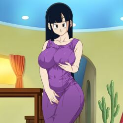 1girls areola_bulge areolae big_breasts black_hair breasts chichi chichi_verse child_bearing_hips curvaceous curvy dragon_ball dragon_ball_super dragon_ball_z dress edit eyes_half_open gilf hand_on_breast hand_on_crotch hourglass_figure indoors large_breasts legs_together light-skinned_female light_skin lingerie long_hair milf navel navel_indent navel_visible_through_clothes nipple_bulge nipples seductive seductive_look sidelocks skin_tight smile solo standing thick_thighs voluptuous wide_hips