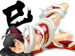 1girls 4:3 black_hair blush breasts closed_eyes female ganaha_hibiki idolmaster japanese_clothes kimono long_hair namidate new_year nipples obi open_mouth peeing ponytail restrained sakazuki snake solo tied_hair