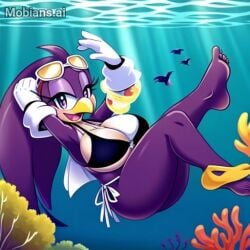 1girls ai_generated anthro avian barefoot big_breasts bikini bird black_bikini_top breasts cartoolover cleavage feet female freediving huge_breasts looking_at_viewer mobians.ai multicolored_bikini multicolored_swimsuit ocean sea sega side-tie_bikini solo sonic_(series) sonic_the_hedgehog_(series) swallow_(bird) swimming swimsuit tagme underwater water wave_the_swallow white_bikini_bottom