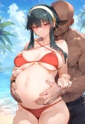 1boy 1girls ai_generated bangs bare_shoulders beach belly_grab big_belly bikini black_hair blue_sky blush breasts cheating_wife cleavage closed_mouth clothing cloud cock_worship curvaceous curvaceous_female curvaceous_figure curvy curvy_figure dark-skinned_male dark_skin day earrings faceless female female female_focus gold_earrings grabbing groping hairband hand_on_another's_stomach headwear interracial jewelry large_breasts long_hair looking_at_viewer male nakatori navel netorare ntr ocean outdoors palm_tree pregnant red_bikini red_eyes red_swimsuit short_hair_with_long_locks sidelocks sky smile spy_x_family standing stomach straight sweat swimsuit thick_thighs thighs tree uncensored voluptuous voluptuous_female water white_hair_ornament white_hairband yor_briar yor_forger