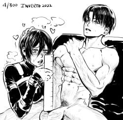 1boy 1girls abs attack_on_titan black_hair blush breasts clothing erection female heart huge_cock implied_sex invertoalbedo large_penis levi levi_ackerman male male_pubic_hair measuring mikasa_ackerman muscle muscular_male nipples nude open_mouth pectorals penis pubic_hair shingeki_no_kyojin short_hair sitting straight sweat teeth testicles text veins veiny_penis