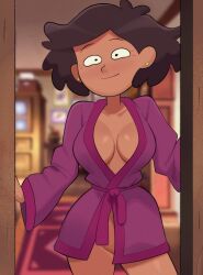 2d 2d_(artwork) 2d_artwork amphibia ass big_ass big_breasts big_thighs breasts brown_hair casual clothing coat dark-skinned_female dark_skin female female_only hair housecoat human looking_at_viewer milf mother mrs._boonchuy newguy1091 nipples oum_boonchuy outerwear solo tagme thick_hips thick_thighs thighs