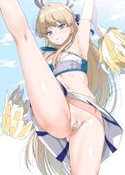 ahoge alternate_costume arm_up armpits bandaid bandaid_on_pussy bare_shoulders blonde_hair blue_archive blue_eyes blush cheerleader commentary elbow_gloves female gloves holding holding_pom_poms inu_(aerodog) leg_up long_hair looking_at_viewer midriff millennium_cheerleader_outfit_(blue_archive) miniskirt navel no_panties pom_pom_(cheerleading) pussy skirt solo split spread_legs standing standing_on_one_leg standing_split sweat toki_(blue_archive) very_long_hair white_gloves