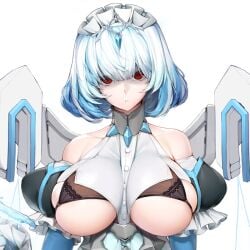 bangs bare_shoulders black_bra blue_sleeves blunt_bangs bob_cut breasts_apart color detached_sleeves dress exposed_bra exposed_breasts female female_focus female_only frilled_sleeves game_cg hair_between_eyes high_collar huge_breasts jewel jewelry last_origin light_blue_hair looking_at_viewer maid_headdress mechanical_wings puffy_detached_sleeves red_eyes shaded_face short_hair skindentation sleeveless sleeveless_dress snowball22 tiara tight_bra titania_frost transparent_background underboob upper_body white_dress yandere_eyes