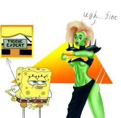 1boy 1girls alternate_version_available female freakybob_pisspants_(character) green_skin hypermorphism_(artist) lord_dominator male sea_sponge spongebob_squarepants spongebob_squarepants_(character) tight_clothing white_hair