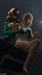 2girls 3d armor blender blonde blonde_hair blue_eyes commission crack_pairing crossover crossover_pairing crossover_ship crossover_shipping female female_only helmet human interspecies inviting kitway league_of_legends long_hair marai merfolk mermaid metroid monster_girl nami_(league_of_legends) night night_sky nighttime ponytail red_eyes samus_aran split_form yuri zero_suit zero_suit_samus