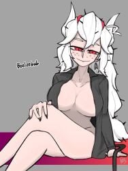 ayatakazumu beelzebub_(helltaker) big_breasts breasts cleavage collarbone crossed_legs demon demon_girl demon_horns demon_tail earrings freckles grey_background hair_between_eyes half-closed_eyes hand_on_knee helltaker horns jacket jacket_open large_breasts long_hair looking_at_viewer open_clothes red_eyes sitting smile tail white_hair