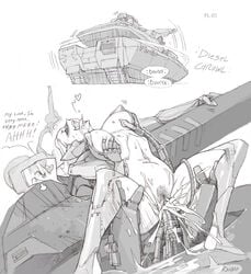 battle_tank black_and_white blush cum cumming dialogue happy_sex horny_female huge_cock human machine messy military penetration penis ratbat sex sex_machine sizeplay straight tank vehicle what