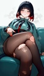 ai_generated animal_ears anthro blue_eyes breasts crossed_legs female jacket jane_doe_(zenless_zone_zero) kawaii_roid legs looking_at_viewer pantyhose short_hair thick_thighs thighs torn_pantyhose zenless_zone_zero