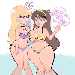 big_ass big_breasts bikini bill_cipher female female_focus female_only gravity_falls lazyamy lesbian looking_at_breasts mabel_pines pacifica_northwest shell_necklace tagme thick_thighs thought_bubble wide_hips