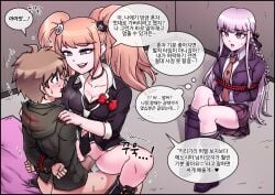 1boy 2girls ahoge arms_behind_back bear_hair_ornament bed black_ribbon black_shirt black_skirt blonde_hair blue_eyes blush bottomless bound bound_arms bow breasts brown_jacket brown_necktie cleavage collarbone collared_shirt comic_page cowgirl_position cuckquean danganronpa danganronpa:_trigger_happy_havoc eye_contact femdom forced_to_watch hair_ornament hair_ribbon highres hood hood_down jacket junko_enoshima kirigiri_kyouko korean_text large_breasts looking_at_another maggea22 miniskirt multiple_girls naegi_makoto necktie netorare purple_footwear purple_jacket rape red_bow ribbon rope shirt sitting skirt speech_bubble translation_request twintails vaginal_penetration