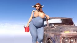 1girls 3d animal_humanoid belly big_belly big_breasts breasts collar cowbell female horns hucow huge_breasts icarusillustrations nipples overalls pregnant red_hair solo