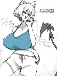 1girls arm_under_breasts ayatakazumu blue_tank_top breasts breasts_bigger_than_head cerberus_(helltaker) cleavage demon_tail dog_ears ear_tuft female female_only half-closed_eyes hand_on_chin helltaker huge_breasts large_breasts menacing_(meme) midriff navel nipple_bulge open_mouth red_eyes shirt short_hair shorts simple_background solo tail tank_top thighs white_background white_hair