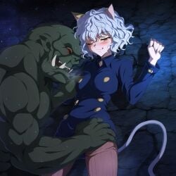 against_wall ai_generated cat_ears cat_tail catgirl cave goblin goblin_slayer green_skin groping groping_breasts hunter_x_hunter imminent_rape imminent_sex interracial interspecies light-skinned_female monster monster_girl neferpitou nekomimi netorare orc orc_male pinned pinned_down