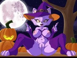 1girls ass blaze_the_cat breasts detached_sleeves elbow_gloves fangs female freckles freckles_on_face furry jack-o'-lantern lubos151 moon night pumpkin pussy sega sitting smile sonic_(series) thighhighs tree witch_hat