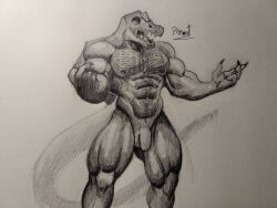 abs anthro balls barazoku biceps body_hair chest_hair claws dinosaur fangs finger_claws genitals male muscular muscular_anthro muscular_male nipples nude nude_anthro nude_male open_mouth pecs penis pinumontbalou prehistoric_species reptile scalie solo spinosaurid spinosaurus tail teeth theropod