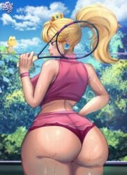 alternative_costume ass blonde_hair blue_eyes breasts chewing_gum clouds crop_top crown day dolphin_shorts earrings female huge_ass jebjebbz jewelry large_breasts mouth_hold outdoors pink_shorts princess_peach shorts single_earring sky solo_focus sweat sweatdrop tennis_racket tennis_uniform thick_ass thick_lips tree wet