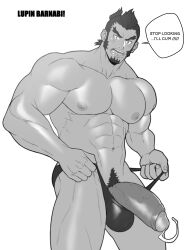 abs bara beard biceps big_bulge big_penis boner bulge erection huge_cock ixion_saga ixion_saga_dt lupin_barnabi male male_nipples male_only male_pubic_hair monochrome muscular_male nipples pecs penis sainglain solo solo_male thong underwear