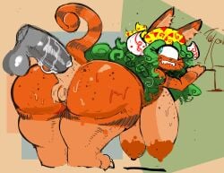 anal anal_sex anthro ass big_butt bite biting_lip breasts curled_tail cyclops disembodied_penis duo felid feline female genitals hi_res huge_butt male mammal orange_body orange_skin penetration penis sagging_breasts tagxo_(artist) tail veoro_(tagxo)