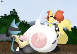 absurd_res anthro big_breasts big_penis bodily_fluids braixen breast_play breasts cow_print_elbow_gloves cowbell cum cum_on_breasts cum_on_penis delphyarts duo excessive_cum excessive_genital_fluids female generation_4_pokemon generation_6_pokemon genital_fluids genitals heart_symbol hi_res huge_breasts huge_cock hyper hyper_breasts hyper_genitalia hyper_nipples hyper_penis lactating lucario male male/female nintendo nipples orgasm penis pokemon pokemon_(species) sex titjob