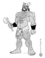 balls bara beard big_penis body_hair dragon_ball dragon_ball_z facial_hair flaccid galaxycoop glasses horned_helmet male male_only monochrome muscles nude overweight ox_king penis solo solo_male