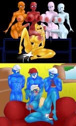 after_sex bandai_namco blue_body crossover cum_in_pussy futa_on_female futanari hpz-97 male multiple_boys namco pac-man pac-man_(series) peyo_(copyright) piper_perri_surrounded rule_63 smile smurfette surrounded the_smurfs yellow_body