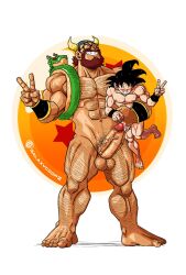 balls bara beard big_penis boner dragon_ball dragon_ball_z erection facial_hair galaxycoop gay glasses horned_helmet male male_only muscles nude overweight ox_king peace_sign penis size_difference son_goku sweat sweating