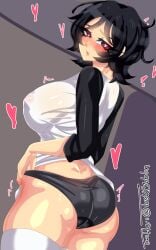 1girls black_eyes black_hair black_panties blush female heart heart-shaped_pupils hollie_hawkes legwear looking_back nipple_bulge panties partially_clothed pulling_panties rear_view scott_pilgrim shirt short_hair solo solo_female stockings thighhighs tuskgoblin white_legwear