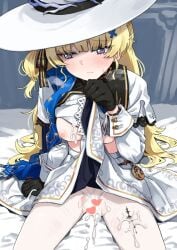 black_gloves blonde_hair blush closed_mouth cum cum_in_pussy dress female gloves hat kusugi_tai long_hair nipples phoebe_(wuthering_waves) white_dress white_hat wuthering_waves