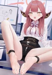 aru_(blue_archive) bare_legs barefoot black_panties blue_archive blush bulge cum cum_on_body cum_on_clothes cum_on_feet cumdrip erection erection_under_clothes facial feet female footjob footjob_over_clothes highres holding_shoe horns knee_up knees_apart_feet_together kou_futoshi legs long_hair open_mouth panties red_hair smile solo toenails toes underwear unworn_shoe