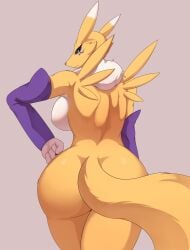 2024 anthro armwear ass bandai_namco biped blue_eyes breasts clothing digimon digimon_(species) digital_media_(artwork) dipstick_ears ear_markings eyelashes female fingers fur hi_res looking_back mostly_nude multicolored_ears rear_view renamon simple_background solo son2j tail