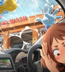 2girls breasts_against_glass car_wash hagakure_tooru_(invisible) invisible invisible_girl khyleri my_hero_academia ochako_uraraka shy tooru_hagakure uraraka_ochako