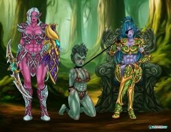 abs alliance_dominance armor arms_behind_back athletic athletic_female bikini_armor blue_hair bound_arms breasts captured catias cleavage elf elf_ears elf_female erisandra_(oc) eye_patch female femdom fit fit_female forest leash leash_and_collar leash_pull muscular muscular_female night_elf night_elf_female on_knees orc orc_(warcraft) orc_female pink_skin ponytail seated sitting throne twin_braids warcraft weapon white_hair world_of_warcraft