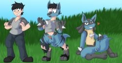 anthro balls biped black_hair blue_body blue_fur breast_grab breasts canid canine clothing detectivecoon female fur gender_transformation generation_4_pokemon human human_to_anthro lucario male mammal mtf_transformation nintendo nipplea penis penis_shrinking pokemon pokemon_(species) pokemon_transformation pussy smile species_transformation spikes torn_clothing transformation