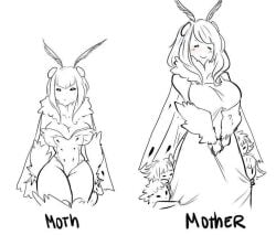 2girls artist_request big_breasts black_and_white character_request fluffy long_hair milf monster_girl moth_girl mother sketch tagme_(artist) tagme_(character) thick thick_thighs