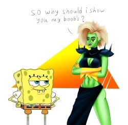 1boy 1girls alternate_version_available female green_skin hypermorphism_(artist) lord_dominator male sea_sponge spongebob_squarepants spongebob_squarepants_(character) tight_clothing white_hair