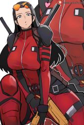 1girls belt big_breasts black_hair blue_eyes bodysuit breasts cosplay deadpool deadpool_(cosplay) female female_only foonie_xd gun long_hair looking_at_viewer marvel marvel_comics nico_robin one_piece skin_tight solo sunglasses tight_clothing