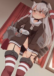 amatsukaze_(kantai_collection) blush brown_eyes censored female garter_straps highres kantai_collection long_hair panties panty_pull personification pussy_peek silver_hair skirt skirt_lift striped striped_legwear tachimi_(basue) thighhighs tied_hair twintails underwear