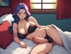 1futa ai_generated bed blue_hair dickgirl erect_penis erection esendor futa_only futa_sans_pussy futanari huge_breasts huge_cock indoors lingerie long_hair looking_at_viewer lying_on_side on_bed panties_aside pillows seductive solo stable_diffusion