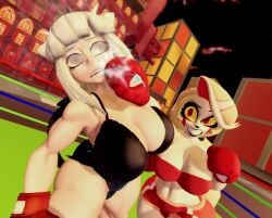 2girls 3d big_breasts blonde_hair boxing boxing_gloves boxing_match boxing_ring breasts charlie_morningstar_(hazbin_hotel) cleavage crossover demon_girl demon_horns eyes_rolled_back female_focus female_only fight fighting fighting_ring hazbin_hotel helltaker horns huge_breasts josugomezofficialnew knocked_out large_breasts long_hair lucifer_(helltaker) punch punching punching_face red_eyes ryona white_hair